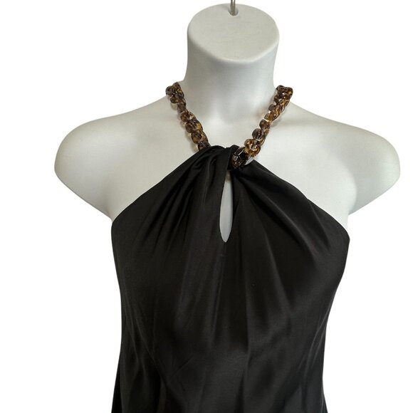 Jason Wu Black Silky Satin Tortoiseshell Chain Strap Halter Neck Midi Dress Sz M - Picture 4 of 11
